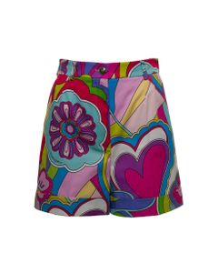 Multicolor Drill Shorts With Hearts And Flowers Print