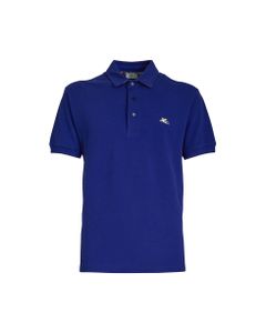Man Short Sleeve Polo Shirt In Blue Piquet With Yellow Pegasus