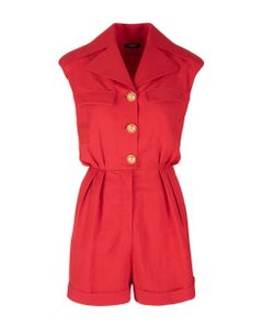 Short Red Jumpsuit With Golden Embossed Buttons