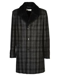 Saint Laurent Checked Fur Detail Coat