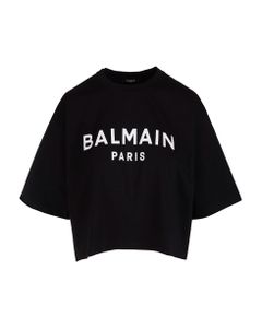 Woman Black Crop T-shirt In Eco-design Cotton With White Balmain Logo