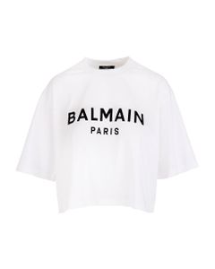 Woman White Crop T-shirt In Eco-design Cotton With Black Balmain Logo