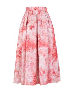 Woman Midi Circle Skirt In White Polyfaille With Coral Print