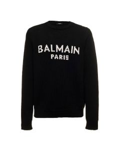 Balmain Man's Black Merino Wool Crew Neck Sweater With Logo