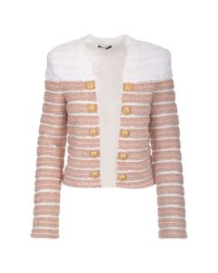 Button Embellished Stripe Tweed Jacket