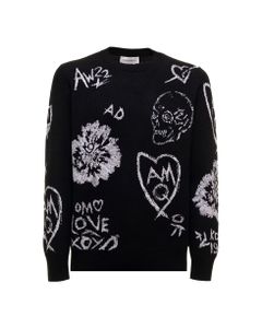 Black Wool Sweater With Skull Jacquard Print Alexander Mcqueen Man