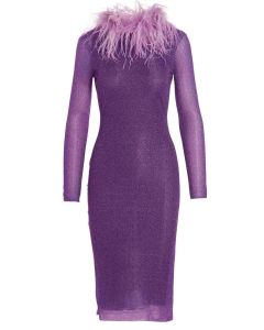 Oséree Glitter-Embellished Fur-Detail Fitted Long-Sleeve Midi Dress