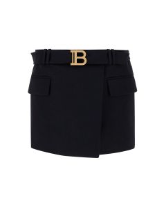 Balmain Logo Plaque Belted Mini Skirt