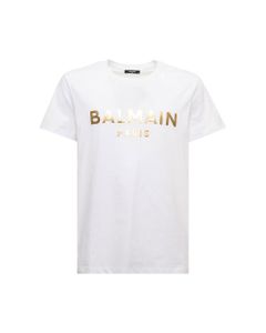 Balmain Man's White Cotton T-shirt With Metallic Logo Print