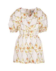 Woman Short White Jumpsuit With Stripes And Flowers Pattern