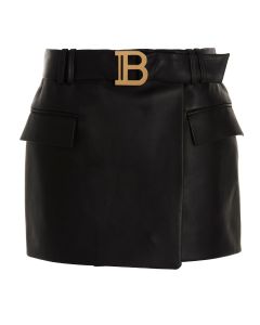 Balmain B Logo Plaque Leather Mini Skirt