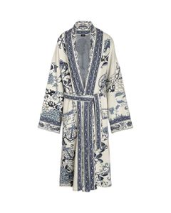 Woman Long Coat In White And Blue Jacquard Knit