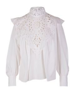 White Poplin High Neck Blouse With Sangallo Lace