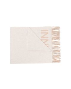 White And Beige Recycled Wool Scarf With Logo Ganni Woman
