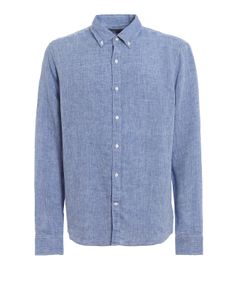 Button/down collar marine blue linen shirt