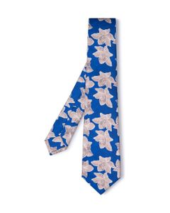 Man Royal Blue Silk Tie With Printed Flowers