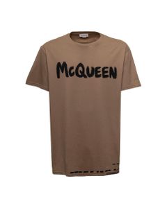 Alexander Mcqueen Man's Beige Cotton T-shirt With Logo Print