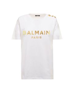 Balmain Woman's White Cotton T-shirt With Logo Print