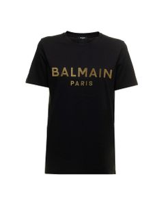 Balmain Woman's Black Cotton T-shirt With Metallic Logo Print