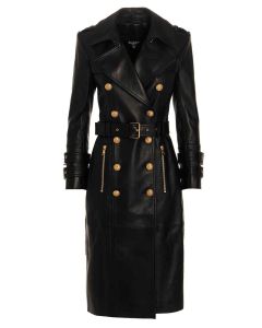 Balmain Belted Waist Double Breasted Midi Leather Coat