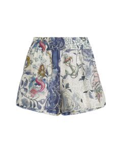 Woman Navy Blue Ramie Shorts With Old School Tattoo Print