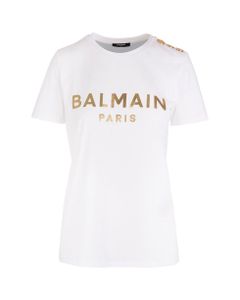 Woman White T-shirt In Eco-design Cotton With Golden Logo And Buttons