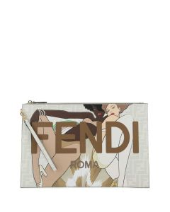 Fendi Logo Patch Zip-Up Large Pouch