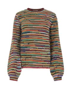 Rainbow-striped Frayed Detailed Crewneck Sweater