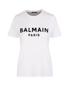 Woman White T-shirt In Eco-design With Black Flocked Balmain Logo
