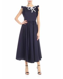 Sona dress in blue with white bow embroidery