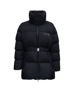 Black Quilted Down Jacket With Belt And Logo