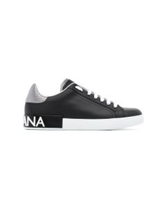 Dolce & Gabbana Man's Black Leather Sneakers With Silver Heel Tab And Logo Print