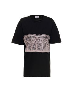 Alexander Mcqueen Woman's Black Cotton T-shirt With Corset Print