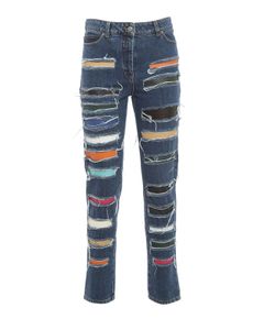 Denim jeans with multicolour leather inserts