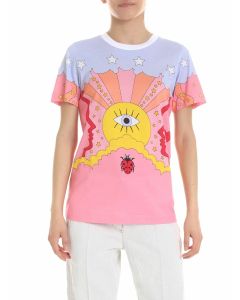 Pink t-shirt with multicolor print