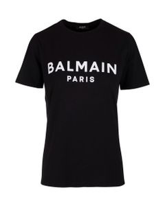 Woman Black T-shirt In Eco-design With White Flocked Balmain Logo
