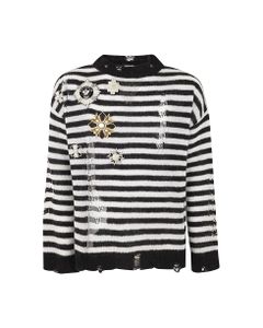 Destroy Striped Knit Pullover W Brooches