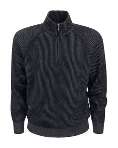 Ribbed Cashmere Sweater With Zip Opening And Raglan Sleeve