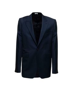 Alexander Mcqueen Man's Blue Single-breasted Wool Blend Jacket
