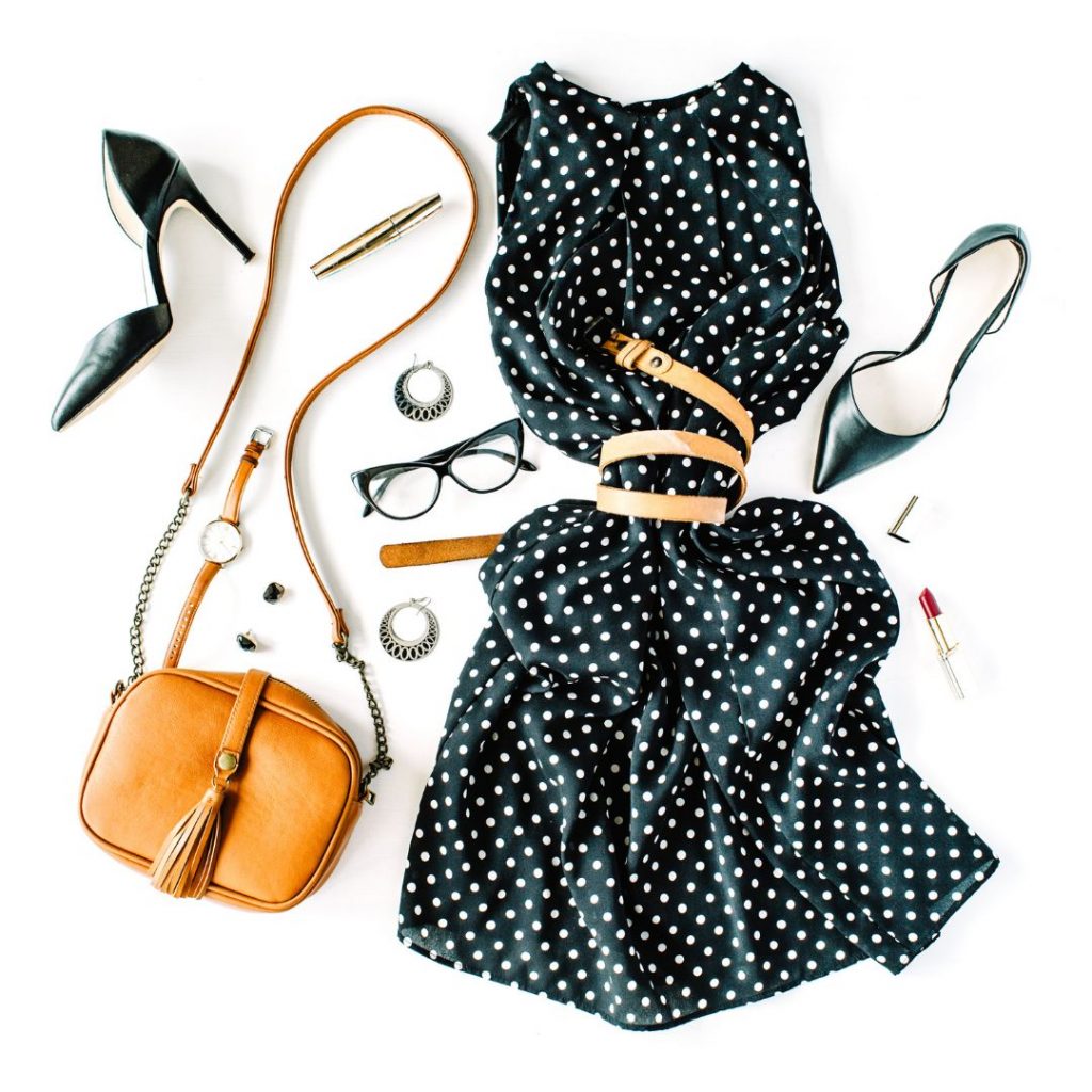 belted black dress and accessories