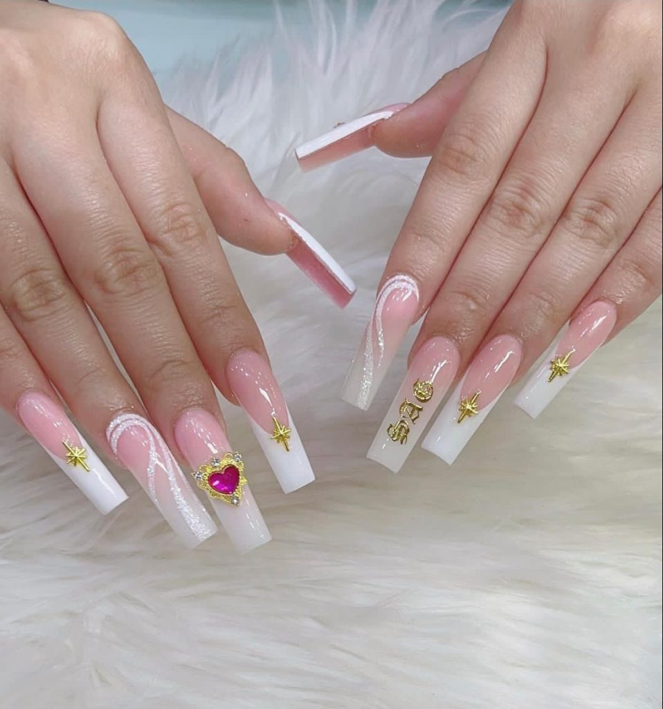 Pink French Nails with Gold Art