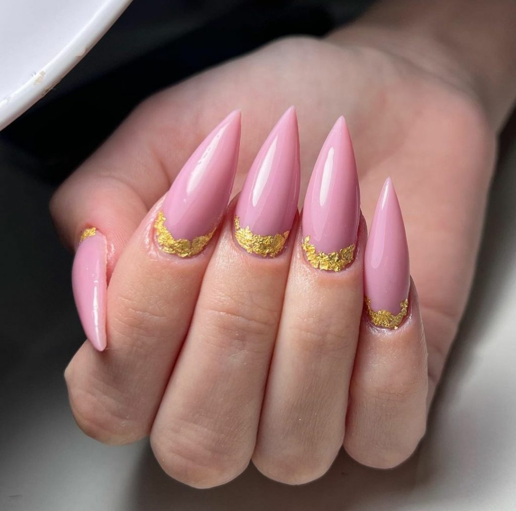 Pink stiletto nails with gold foil