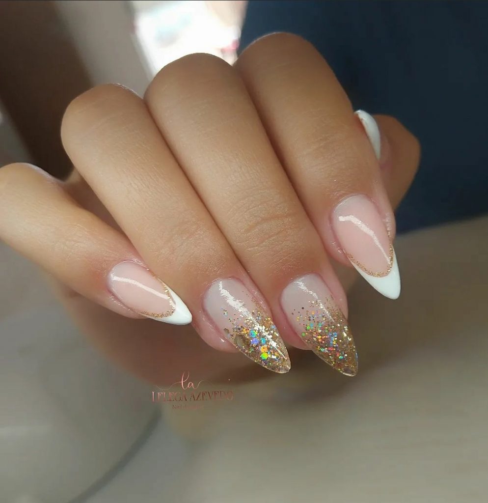 Classy white and gold nails for bridal party 