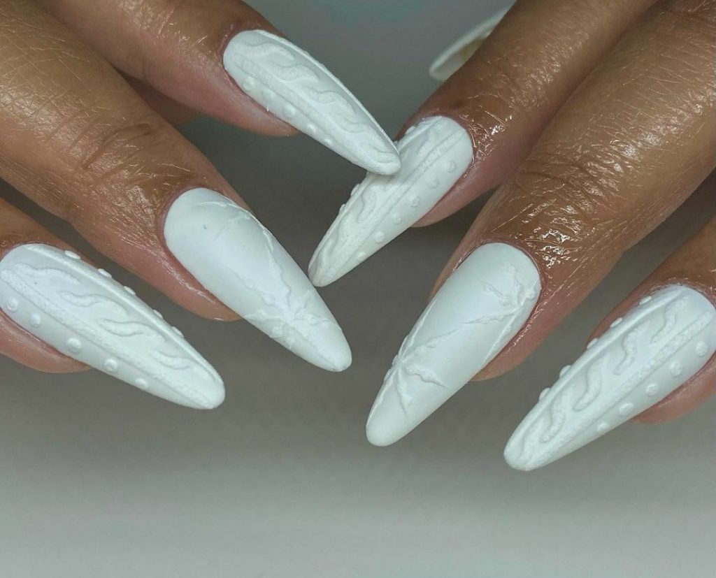 Winter white textured stiletto nails