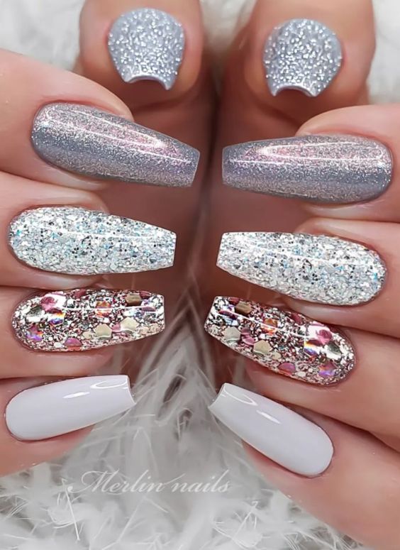 silver Glitter shard nails 