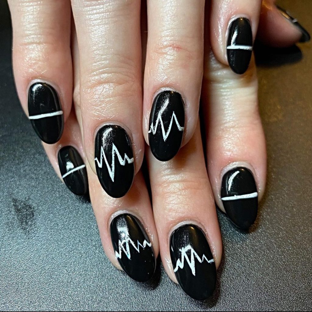 Dark and Light Grey nails with heartbeat | Grey gel nails, Oval nails, Oval nails  designs