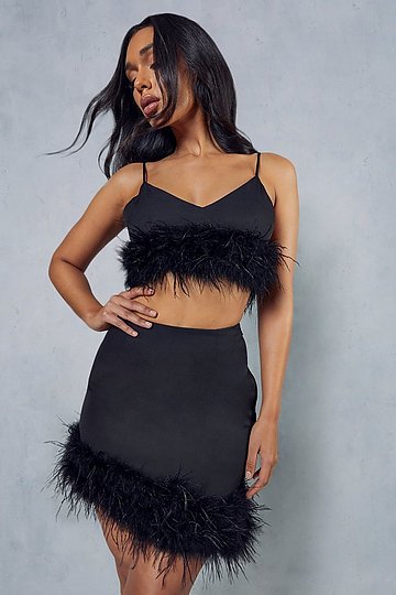 Feathered crop top and mini skirt 