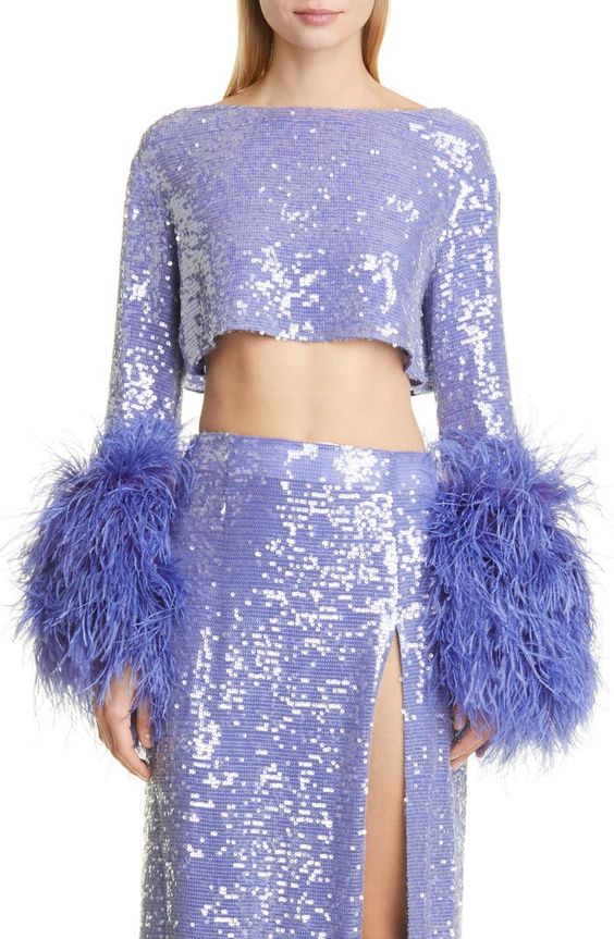 Long sleeves feather cuff sequin crop top and slit skirt 