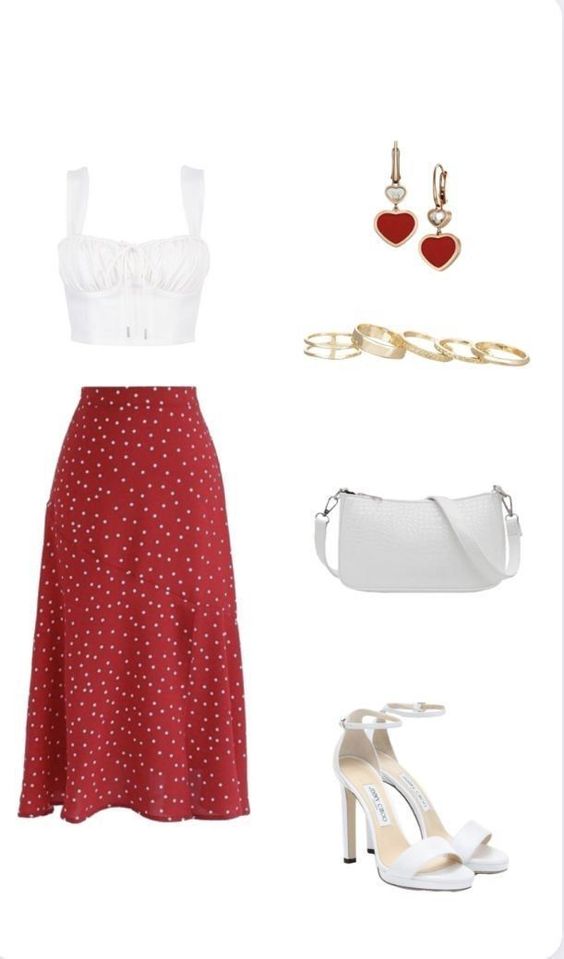 White crop top with red midi skirt