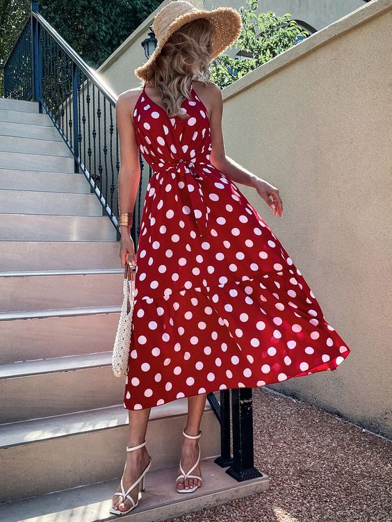 Red & White Polka dotted Maxi Dress